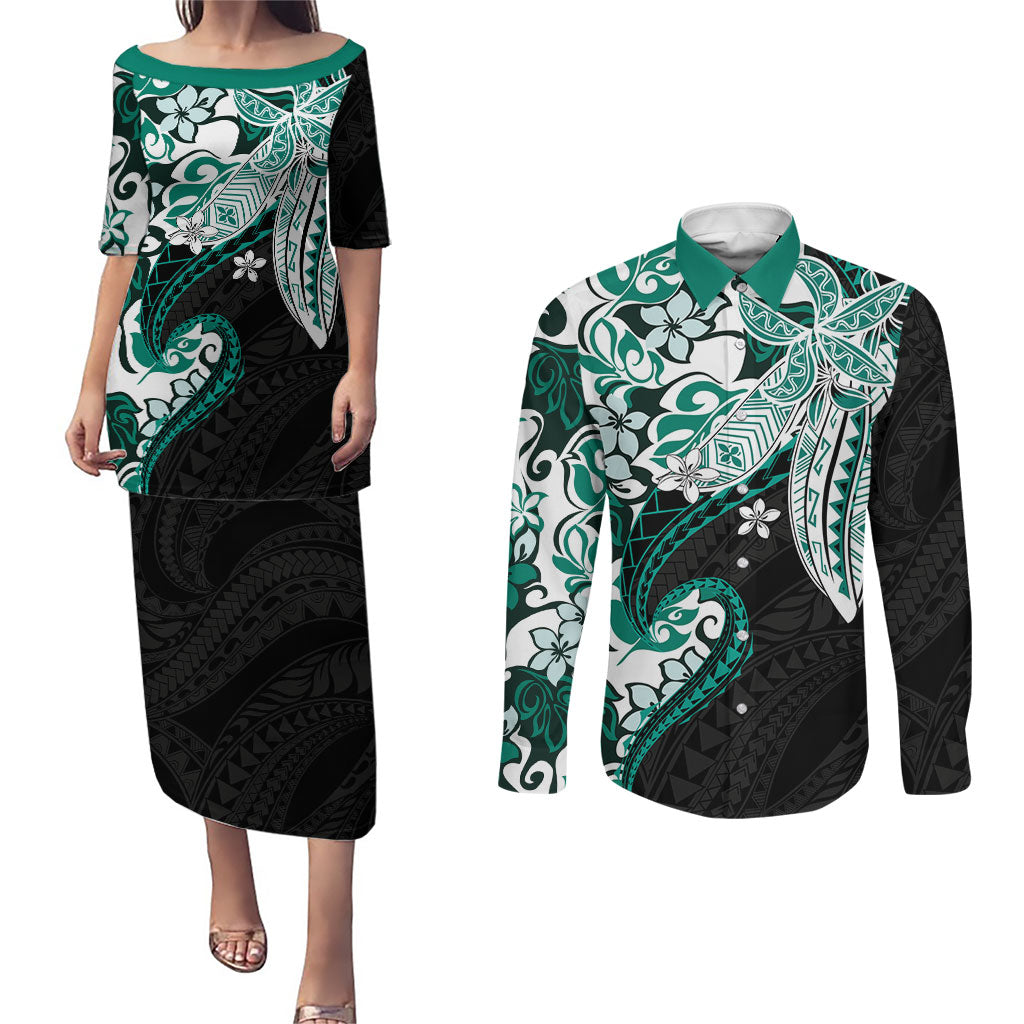 Monstera Plumeria Flowers Teal Couples Matching Puletasi and Long Sleeve Button Shirt Polynesian Pattern
