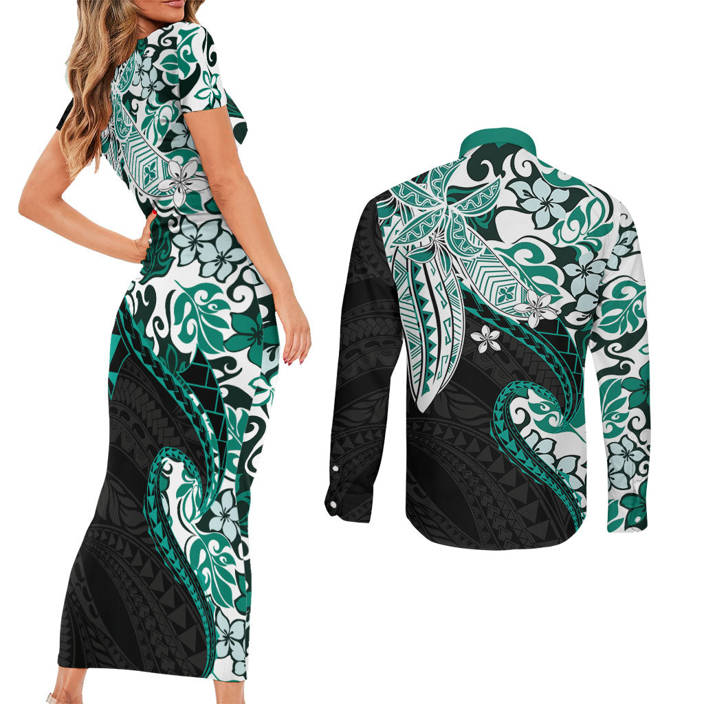 Monstera Plumeria Flowers Teal Couples Matching Short Sleeve Bodycon Dress and Long Sleeve Button Shirt Polynesian Pattern