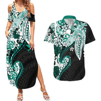 Monstera Plumeria Flowers Teal Couples Matching Summer Maxi Dress and Hawaiian Shirt Polynesian Pattern