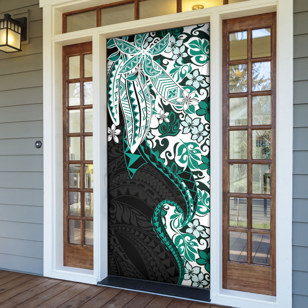 Monstera Plumeria Flowers Teal Door Cover Polynesian Pattern