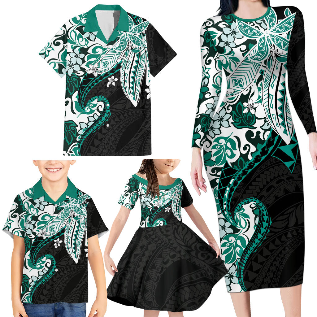 Monstera Plumeria Flowers Teal Family Matching Long Sleeve Bodycon Dress and Hawaiian Shirt Polynesian Pattern LT01 - Polynesian Pride