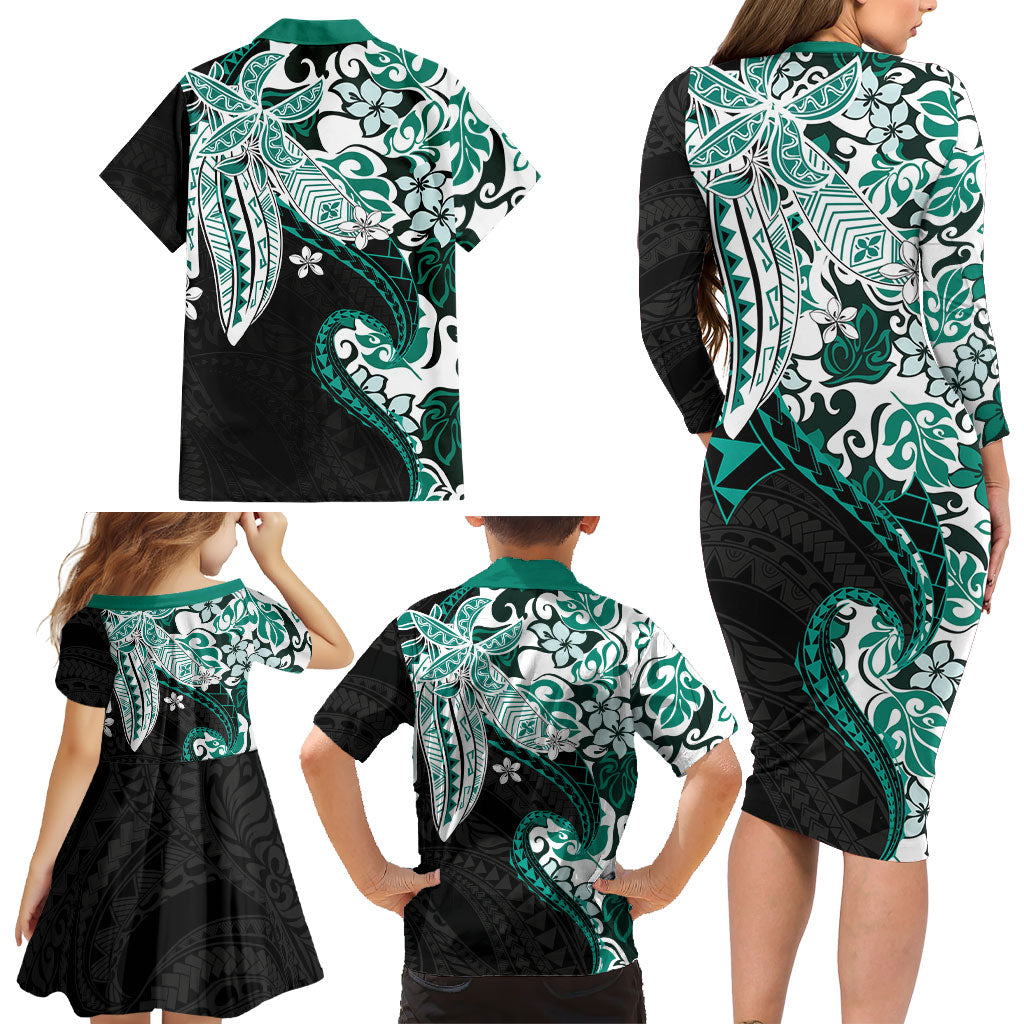 Monstera Plumeria Flowers Teal Family Matching Long Sleeve Bodycon Dress and Hawaiian Shirt Polynesian Pattern LT01 - Polynesian Pride