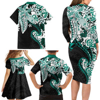 Monstera Plumeria Flowers Teal Family Matching Long Sleeve Bodycon Dress and Hawaiian Shirt Polynesian Pattern LT01 - Polynesian Pride
