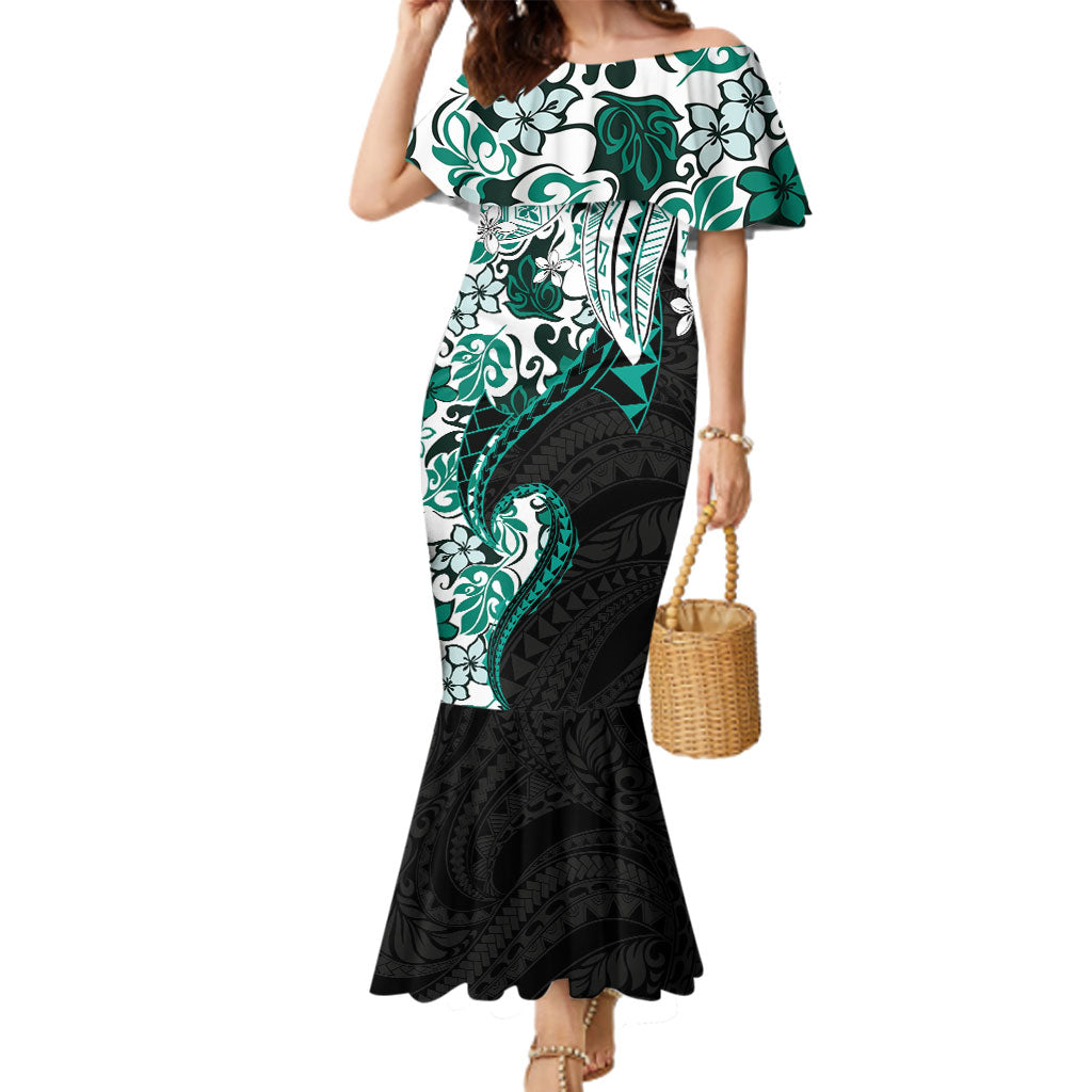 Monstera Plumeria Flowers Teal Family Matching Mermaid Dress and Hawaiian Shirt Polynesian Pattern LT01 Mom's Dress Teal - Polynesian Pride