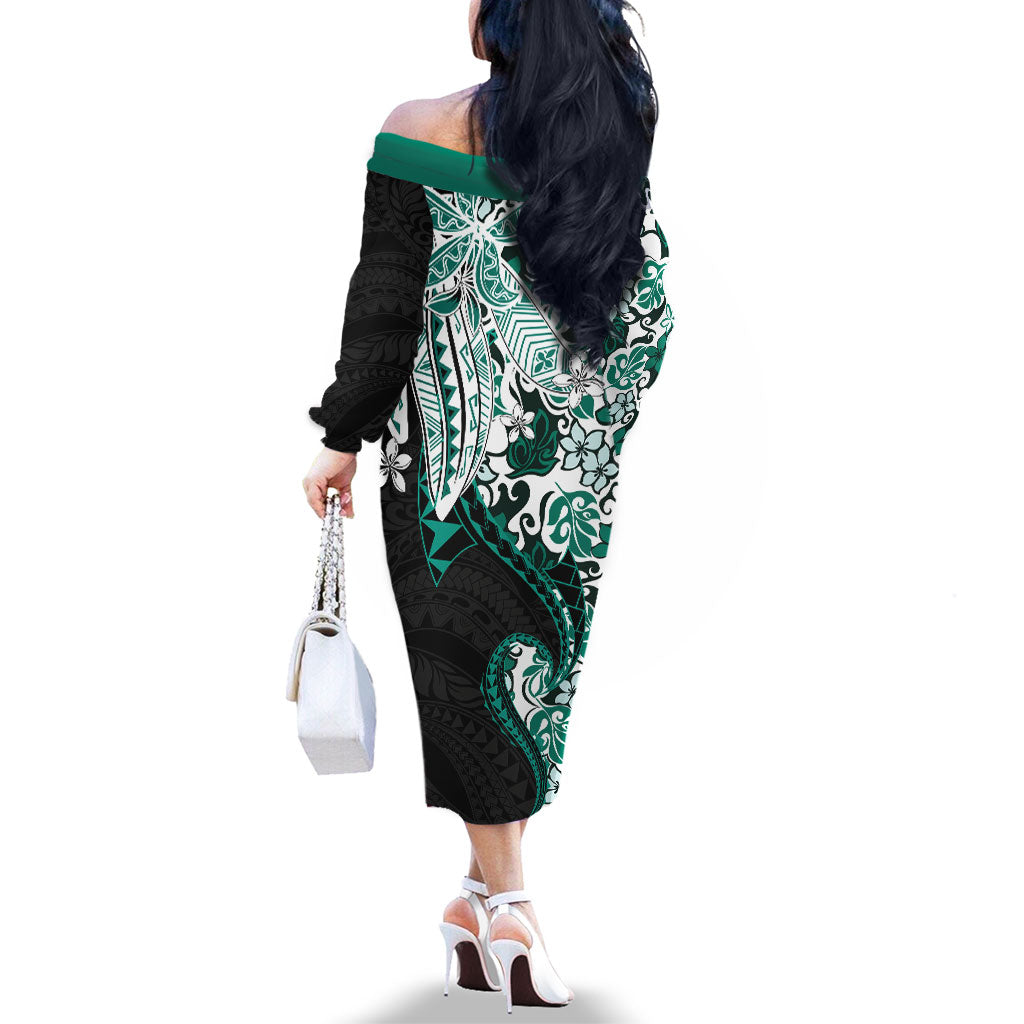 Monstera Plumeria Flowers Teal Family Matching Off The Shoulder Long Sleeve Dress and Hawaiian Shirt Polynesian Pattern LT01 - Polynesian Pride