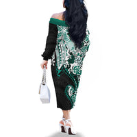 Monstera Plumeria Flowers Teal Family Matching Off The Shoulder Long Sleeve Dress and Hawaiian Shirt Polynesian Pattern LT01 - Polynesian Pride