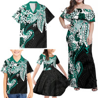 Monstera Plumeria Flowers Teal Family Matching Off Shoulder Maxi Dress and Hawaiian Shirt Polynesian Pattern