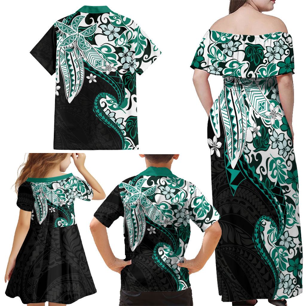 Monstera Plumeria Flowers Teal Family Matching Off Shoulder Maxi Dress and Hawaiian Shirt Polynesian Pattern