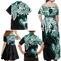 Monstera Plumeria Flowers Teal Family Matching Off Shoulder Maxi Dress and Hawaiian Shirt Polynesian Pattern