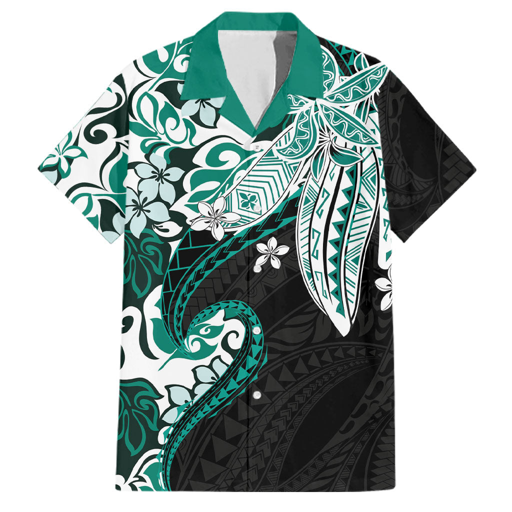 Monstera Plumeria Flowers Teal Family Matching Off Shoulder Short Dress and Hawaiian Shirt Polynesian Pattern