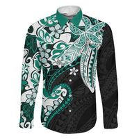 Monstera Plumeria Flowers Teal Family Matching Off Shoulder Short Dress and Hawaiian Shirt Polynesian Pattern