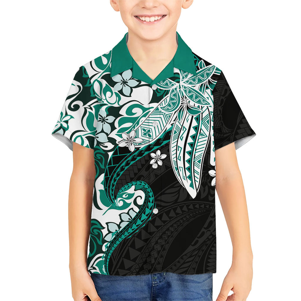 Monstera Plumeria Flowers Teal Family Matching Off Shoulder Short Dress and Hawaiian Shirt Polynesian Pattern