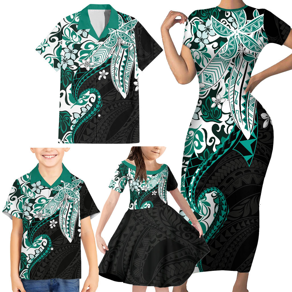 Monstera Plumeria Flowers Teal Family Matching Short Sleeve Bodycon Dress and Hawaiian Shirt Polynesian Pattern LT01 - Polynesian Pride