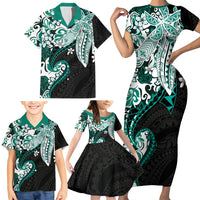 Monstera Plumeria Flowers Teal Family Matching Short Sleeve Bodycon Dress and Hawaiian Shirt Polynesian Pattern LT01 - Polynesian Pride