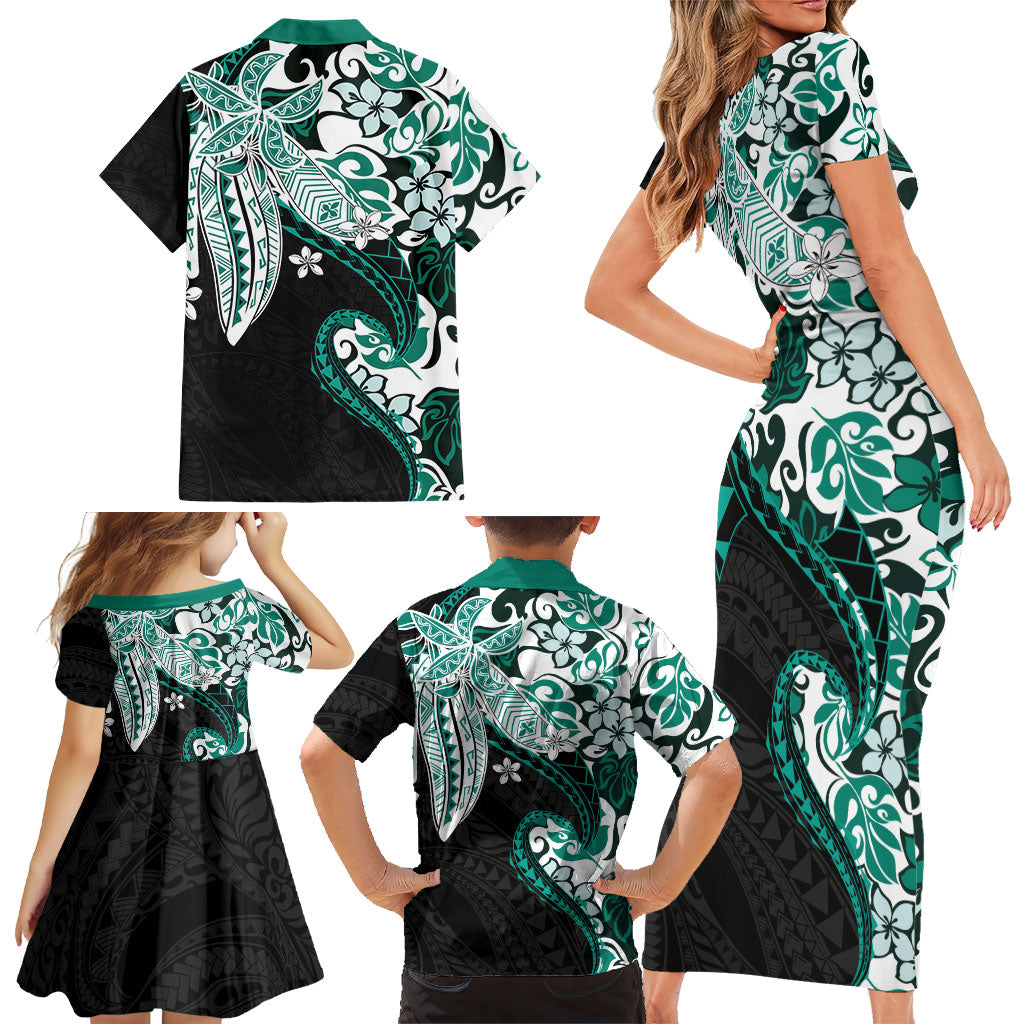 Monstera Plumeria Flowers Teal Family Matching Short Sleeve Bodycon Dress and Hawaiian Shirt Polynesian Pattern LT01 - Polynesian Pride