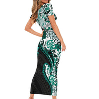 Monstera Plumeria Flowers Teal Family Matching Short Sleeve Bodycon Dress and Hawaiian Shirt Polynesian Pattern LT01 - Polynesian Pride