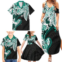 Monstera Plumeria Flowers Teal Family Matching Summer Maxi Dress and Hawaiian Shirt Polynesian Pattern