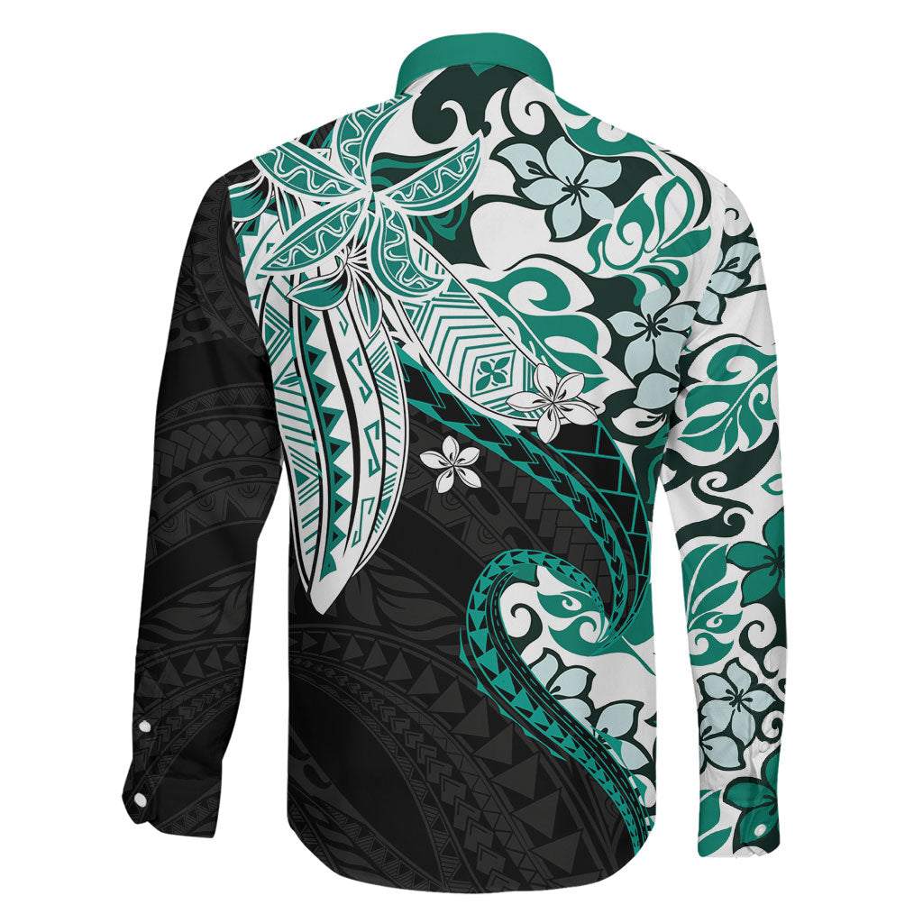 Monstera Plumeria Flowers Teal Family Matching Summer Maxi Dress and Hawaiian Shirt Polynesian Pattern