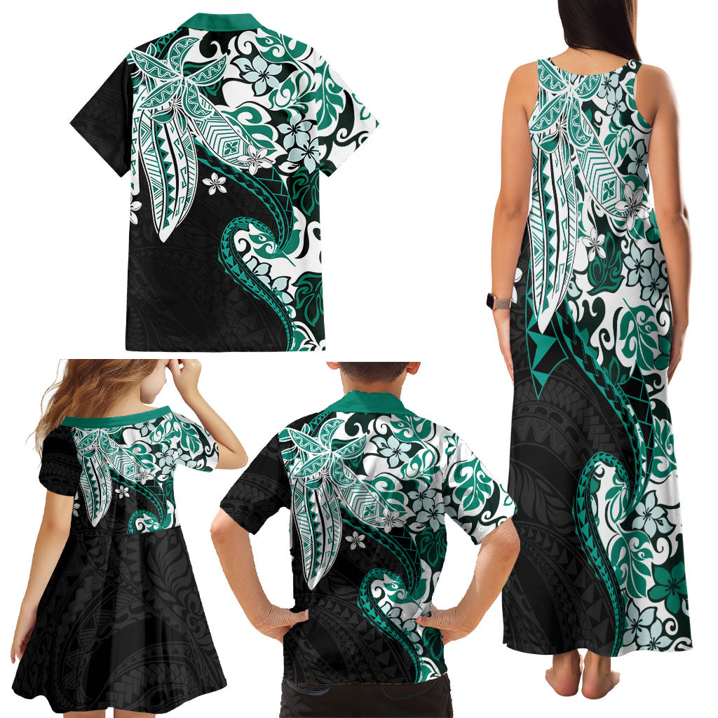 Monstera Plumeria Flowers Teal Family Matching Tank Maxi Dress and Hawaiian Shirt Polynesian Pattern