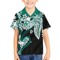 Monstera Plumeria Flowers Teal Family Matching Tank Maxi Dress and Hawaiian Shirt Polynesian Pattern