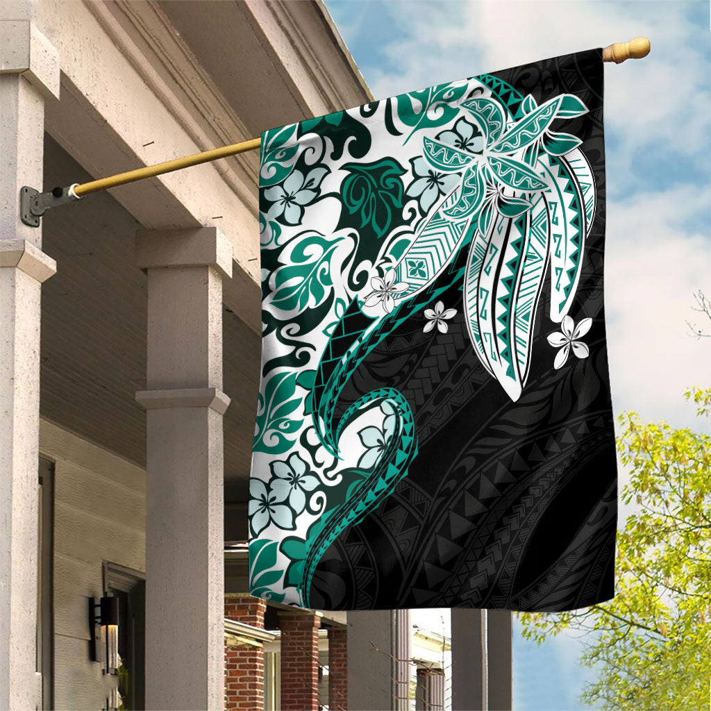 Monstera Plumeria Flowers Teal Garden Flag Polynesian Pattern