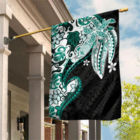Monstera Plumeria Flowers Teal Garden Flag Polynesian Pattern