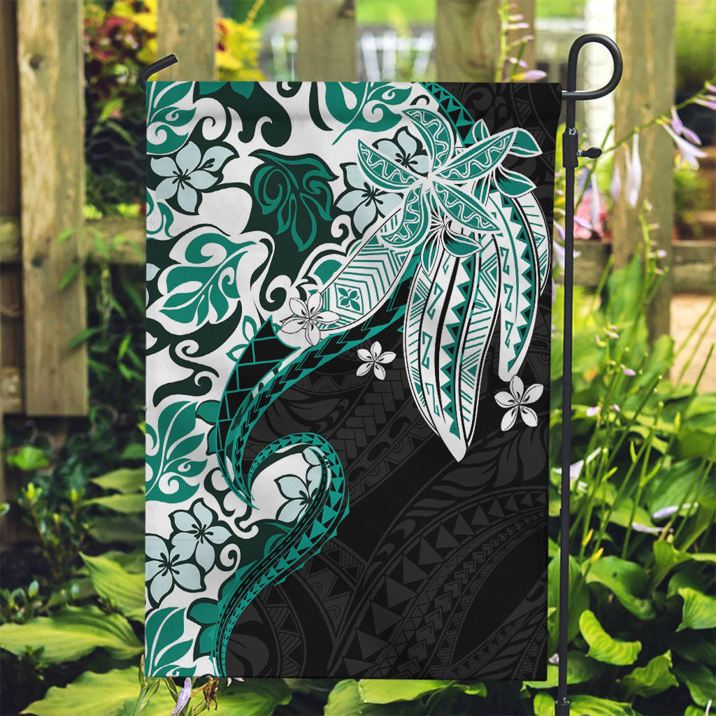 Monstera Plumeria Flowers Teal Garden Flag Polynesian Pattern