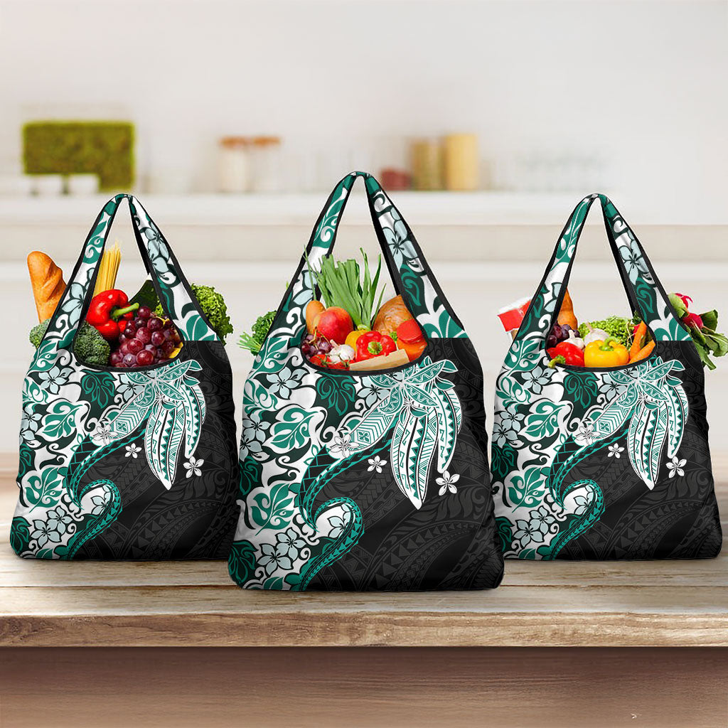 Monstera Plumeria Flowers Teal Grocery Bag Polynesian Pattern