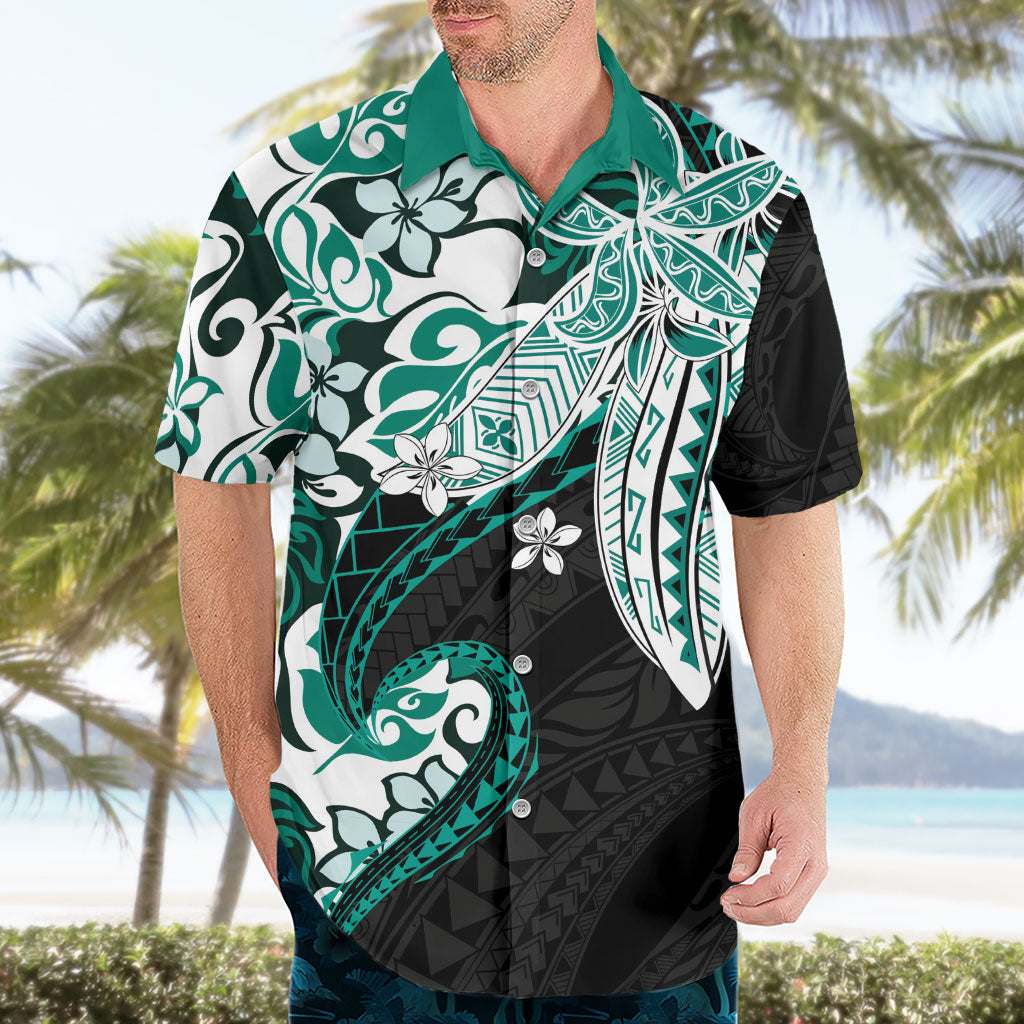 Monstera Plumeria Flowers Teal Hawaiian Shirt Polynesian Pattern
