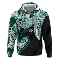 Monstera Plumeria Flowers Teal Hoodie Polynesian Pattern
