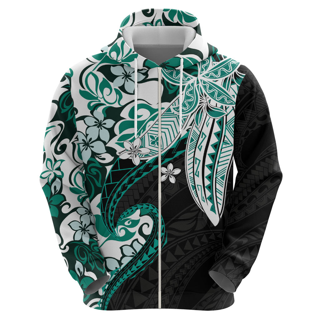 Monstera Plumeria Flowers Teal Hoodie Polynesian Pattern