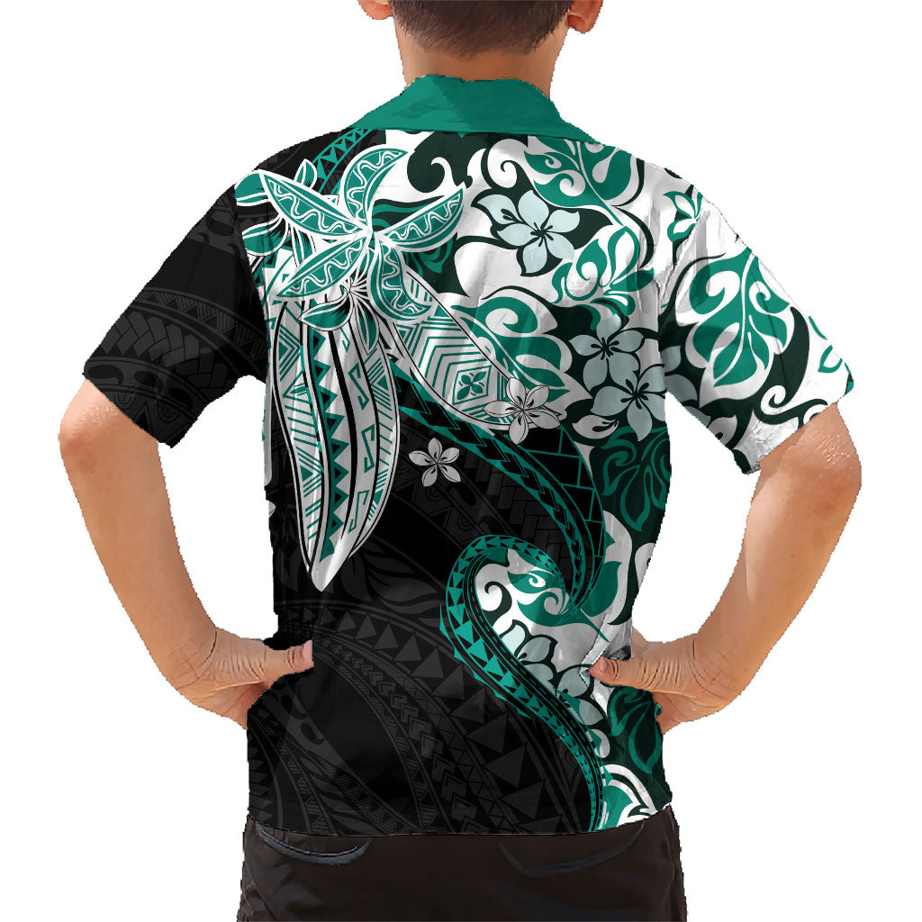 Monstera Plumeria Flowers Teal Kid Hawaiian Shirt Polynesian Pattern