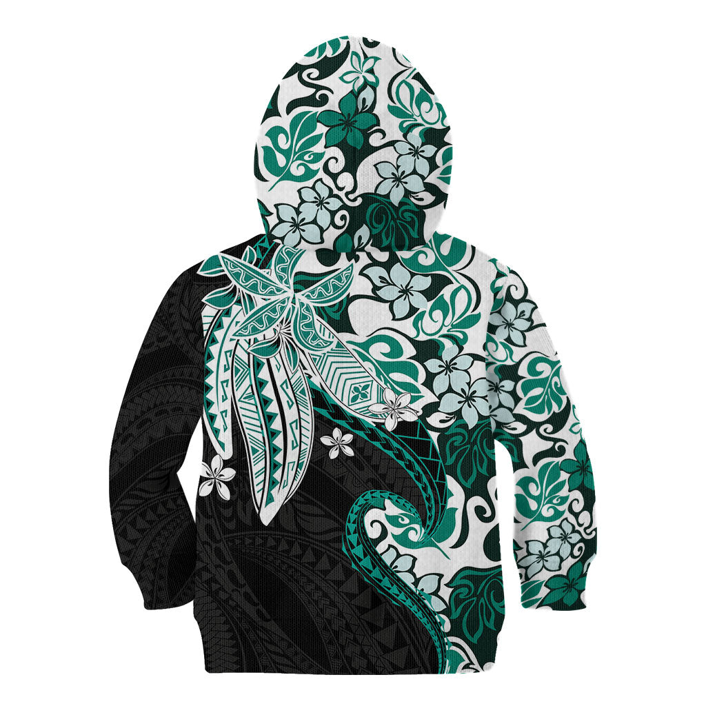 Monstera Plumeria Flowers Teal Kid Hoodie Polynesian Pattern