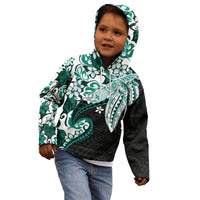 Monstera Plumeria Flowers Teal Kid Hoodie Polynesian Pattern