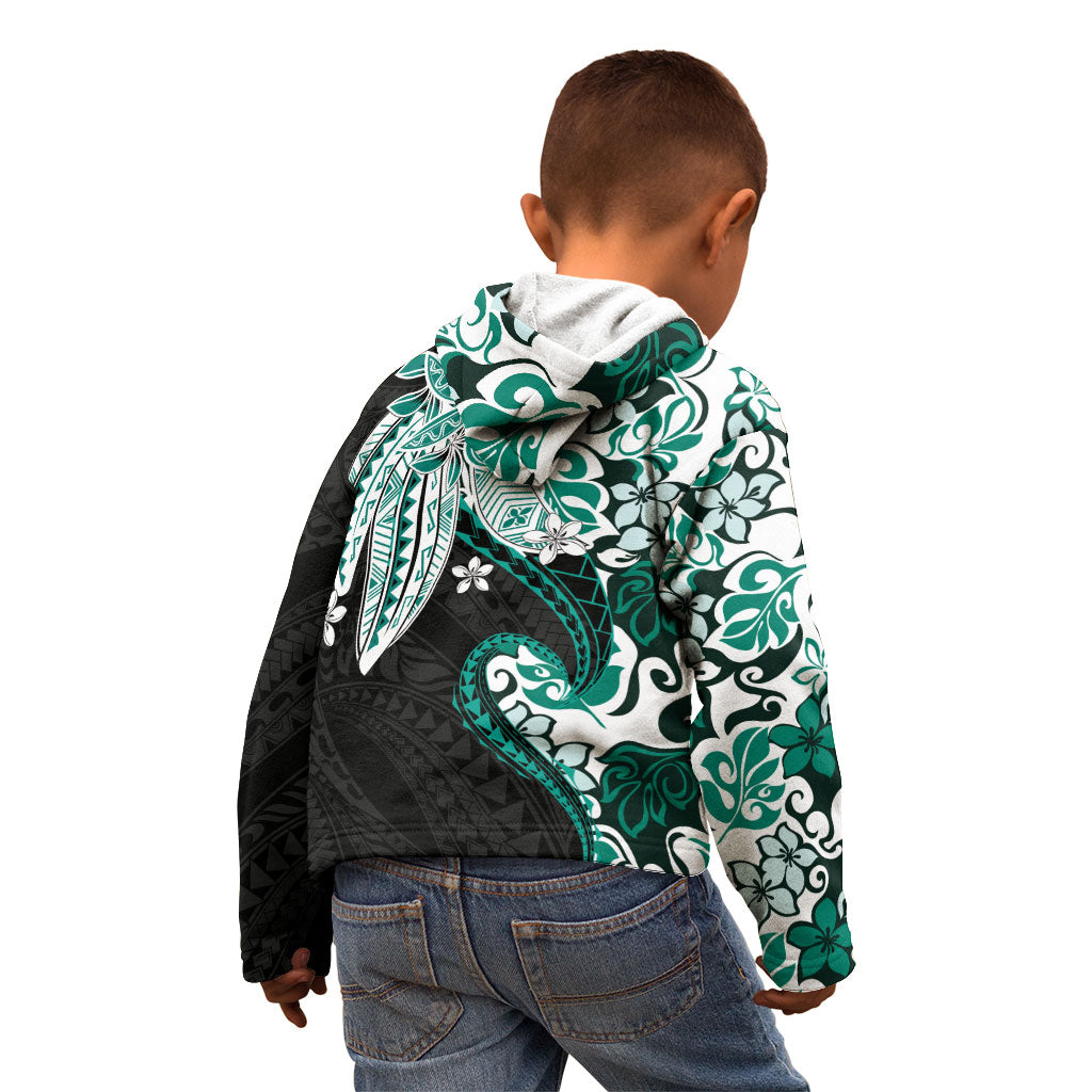Monstera Plumeria Flowers Teal Kid Hoodie Polynesian Pattern