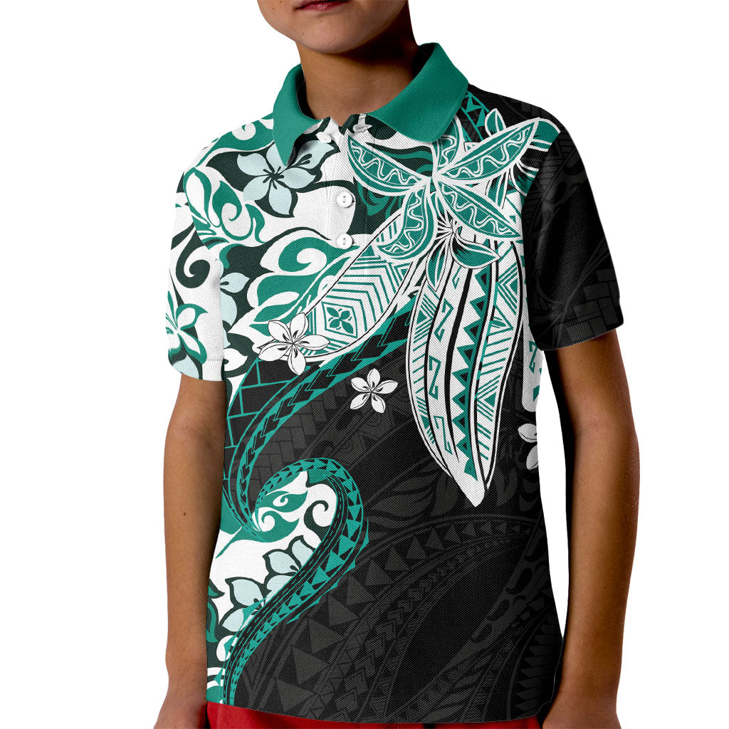 Monstera Plumeria Flowers Teal Kid Polo Shirt Polynesian Pattern
