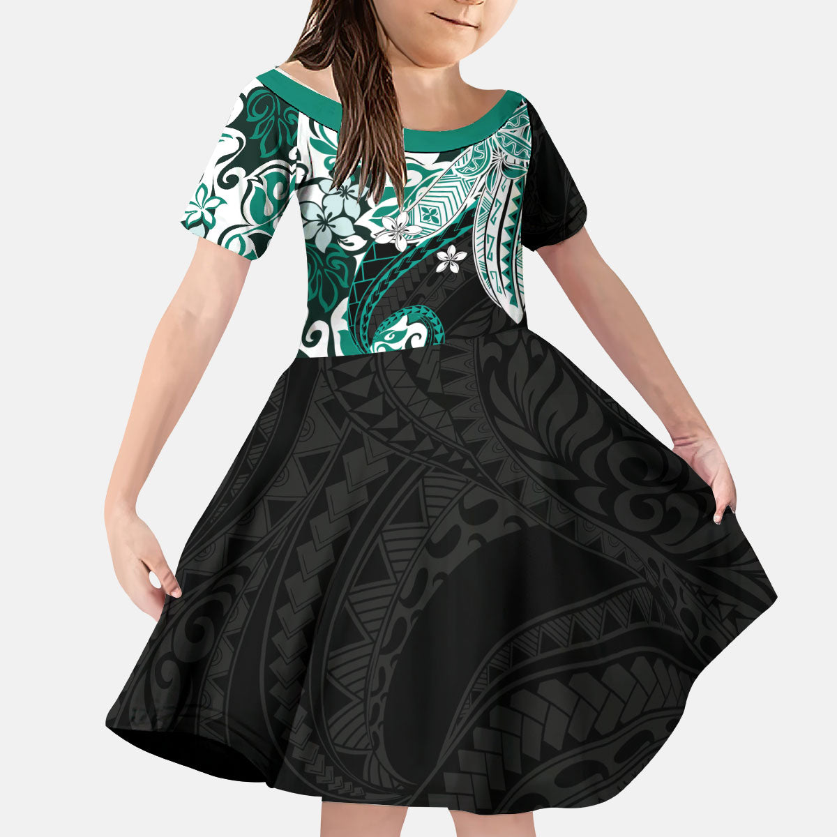 Monstera Plumeria Flowers Teal Kid Short Sleeve Dress Polynesian Pattern