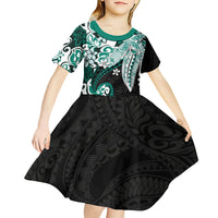 Monstera Plumeria Flowers Teal Kid Short Sleeve Dress Polynesian Pattern
