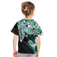 Monstera Plumeria Flowers Teal Kid T Shirt Polynesian Pattern