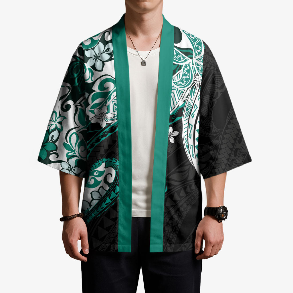 Monstera Plumeria Flowers Teal Kimono Polynesian Pattern
