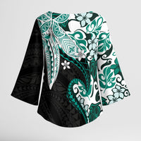 Monstera Plumeria Flowers Teal Kimono Sleeve Blouse Polynesian Pattern