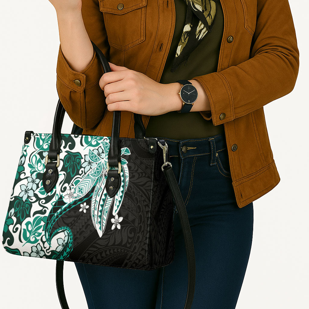 Monstera Plumeria Flowers Teal Leather Bag Polynesian Pattern
