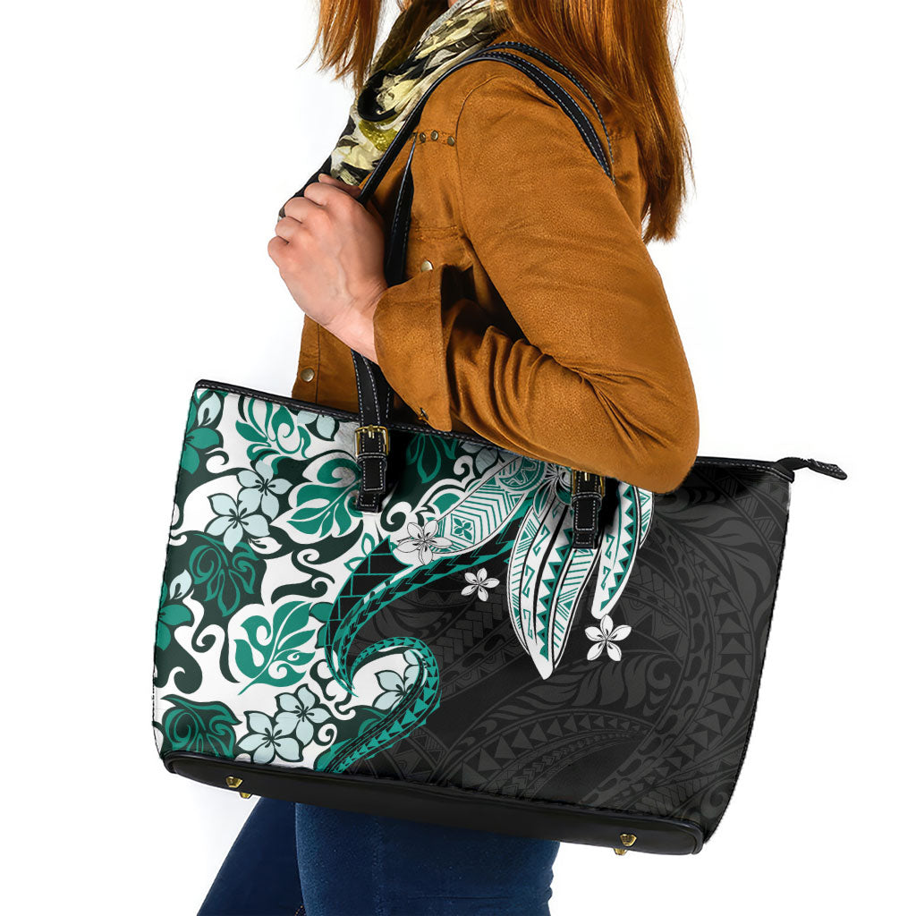 Monstera Plumeria Flowers Teal Leather Tote Bag Polynesian Pattern