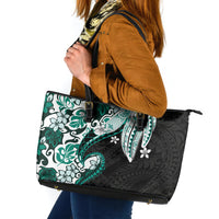Monstera Plumeria Flowers Teal Leather Tote Bag Polynesian Pattern