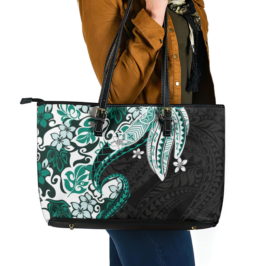 Monstera Plumeria Flowers Teal Leather Tote Bag Polynesian Pattern