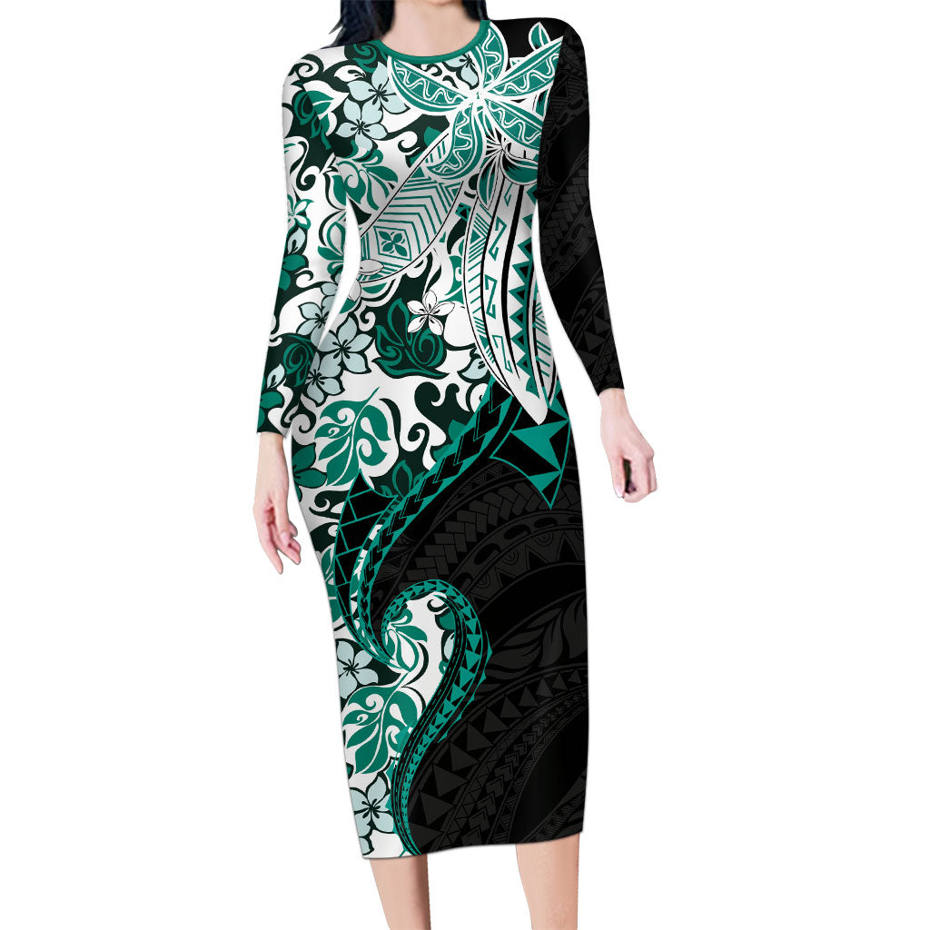 Monstera Plumeria Flowers Teal Long Sleeve Bodycon Dress Polynesian Pattern