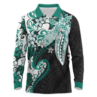 Monstera Plumeria Flowers Teal Long Sleeve Polo Shirt Polynesian Pattern