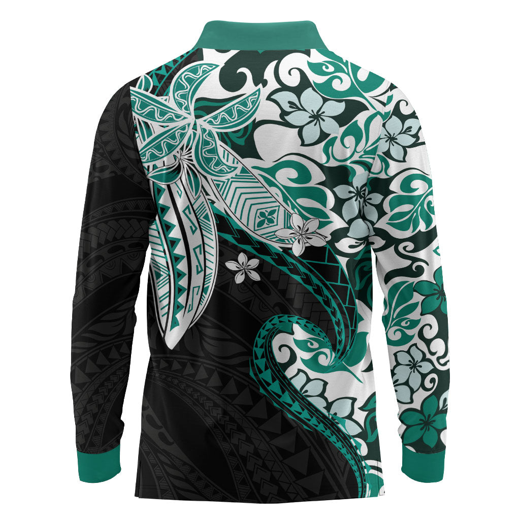 Monstera Plumeria Flowers Teal Long Sleeve Polo Shirt Polynesian Pattern