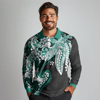 Monstera Plumeria Flowers Teal Long Sleeve Polo Shirt Polynesian Pattern