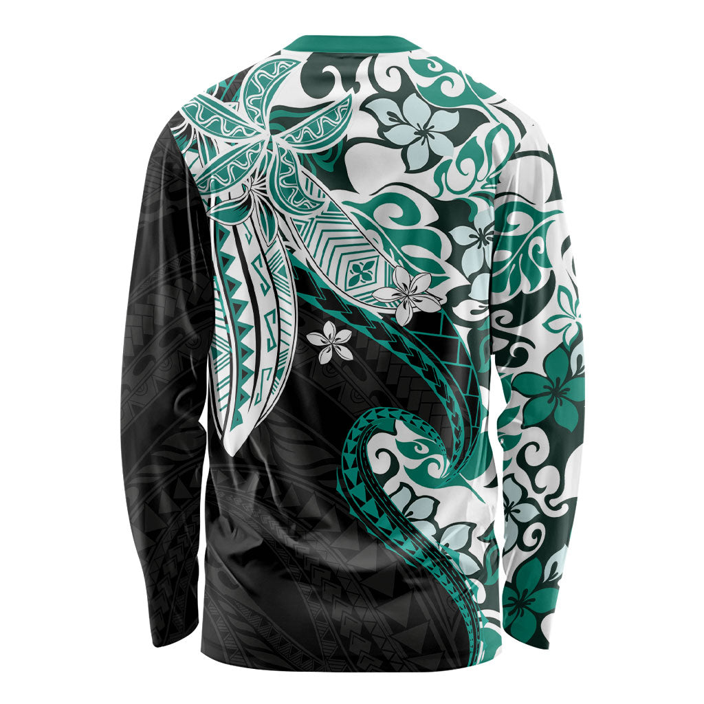 Monstera Plumeria Flowers Teal Long Sleeve Shirt Polynesian Pattern
